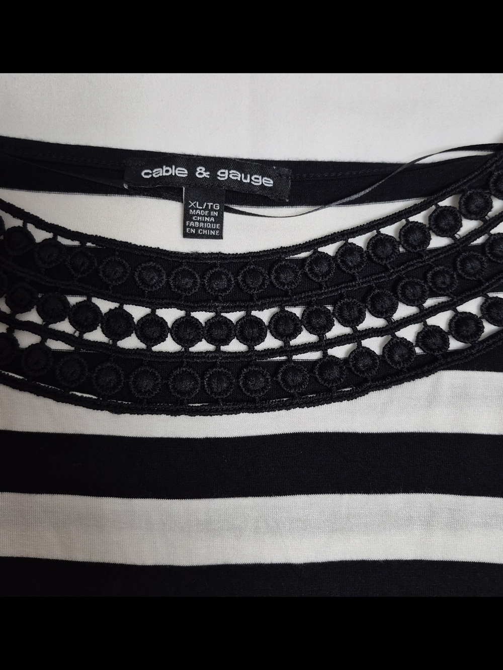 Cable & Gauge Black & White Striped Top – XL – Crochet Neckline – Stretch - Picture 4 of 7
